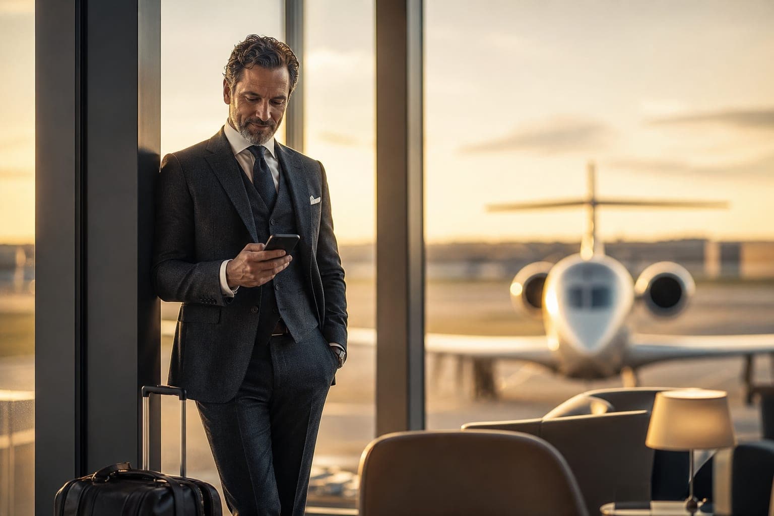 A Family Physician reading new research on a phone by the window of an airport first class lounge