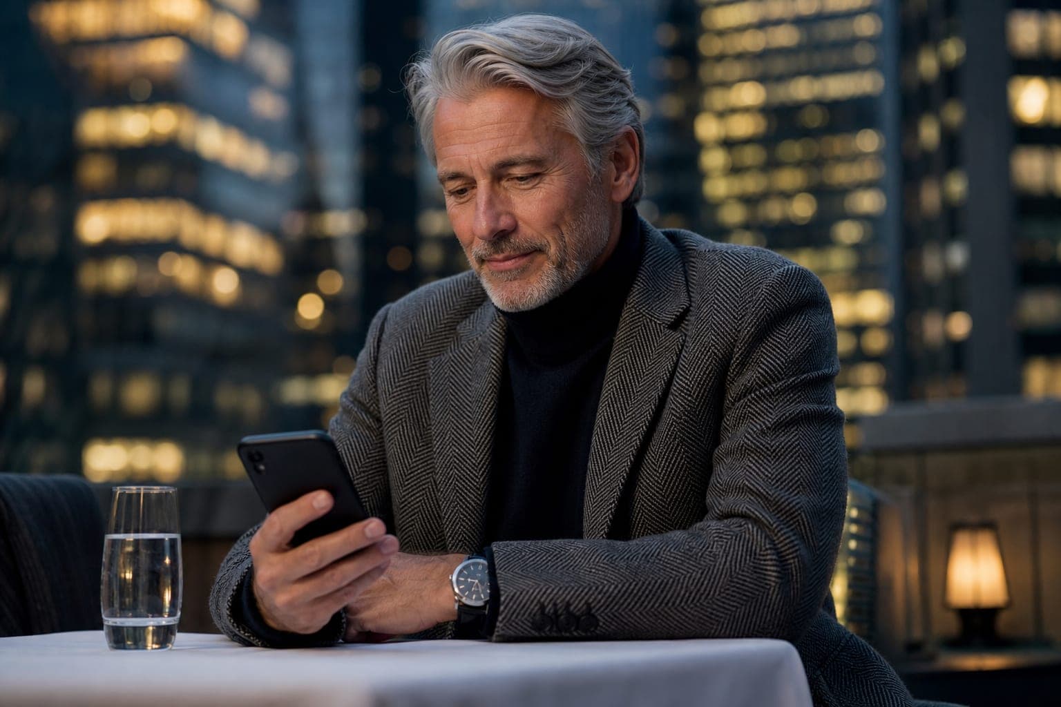 A Gastroenterologist reading new research on a phone on the terrace of a private members club at dusk with office towers behind