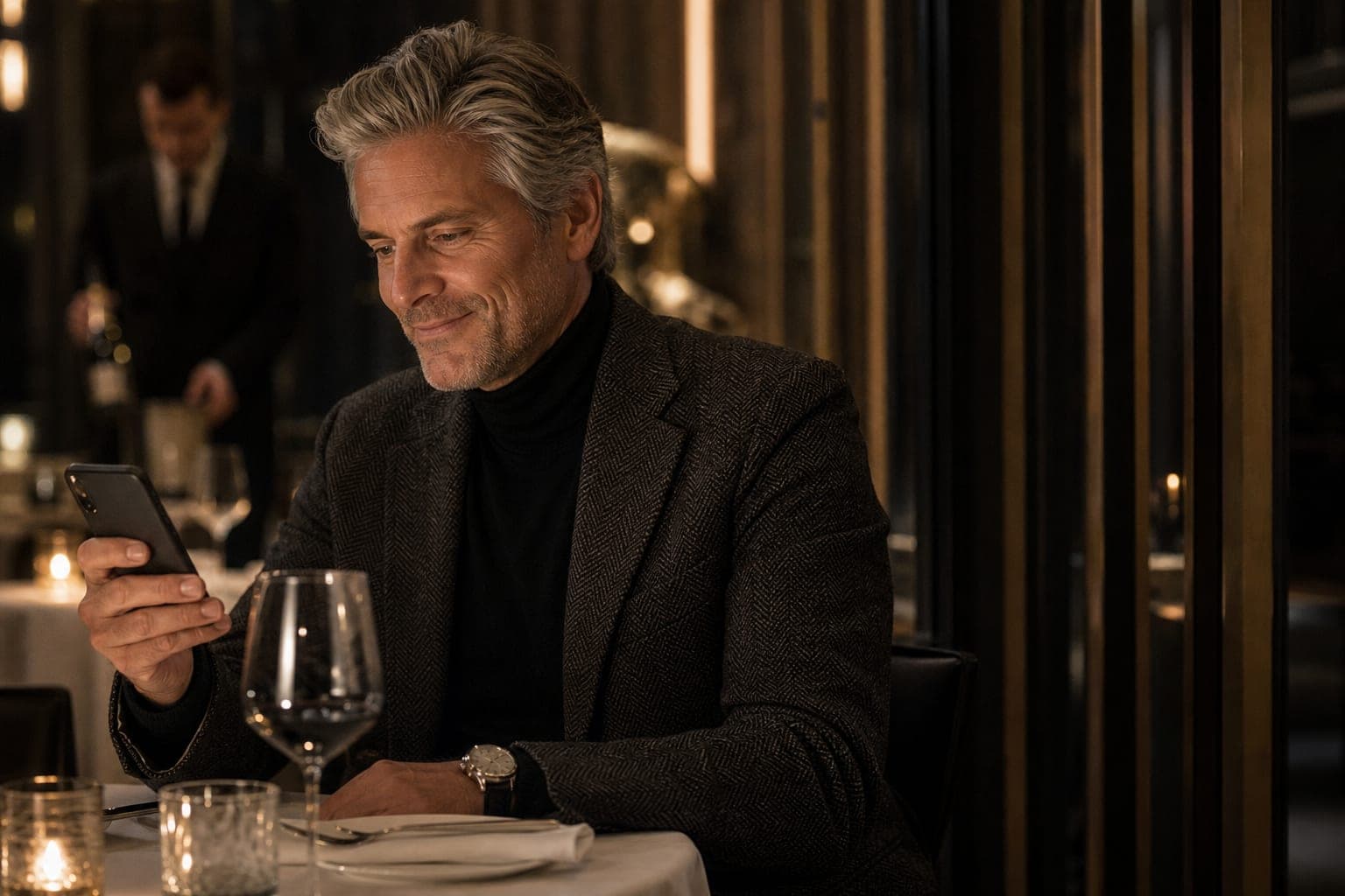 A Geriatrician catching up on journal articles on a phone alone at a corner table in a fine dining restaurant