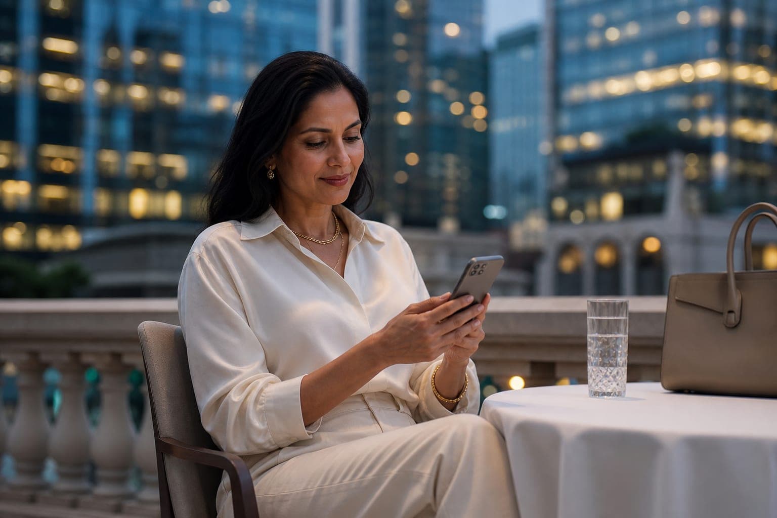 A Hematologist catching up on journal articles on a phone on the terrace of a private members club at dusk with office towers behind