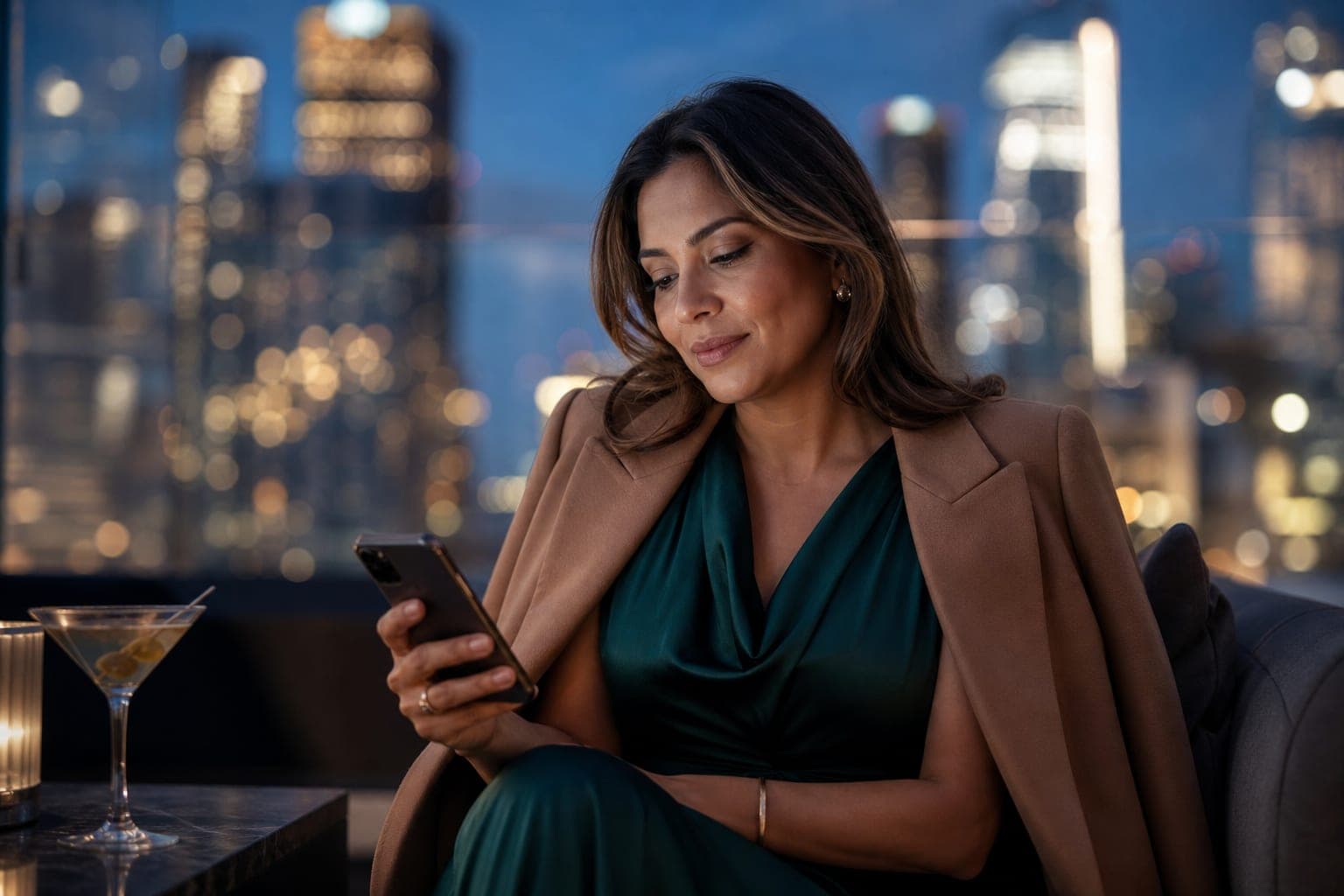 A Hepatologist reading new research on a phone at a rooftop bar above the financial district at blue hour