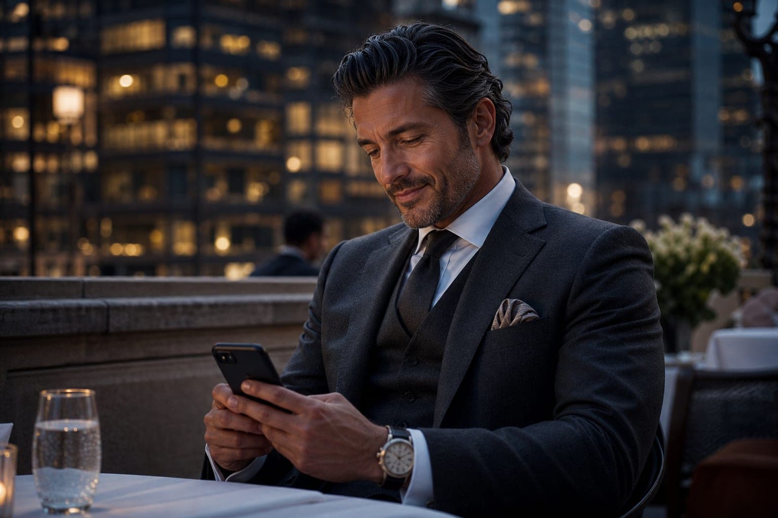 An Integrative Medicine Physician scanning the day's papers on a phone on the terrace of a private members club at dusk with office towers behind