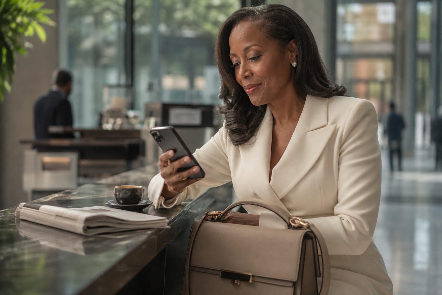 An Intensivist scanning the day's papers on a phone at an espresso bar inside a glass atrium