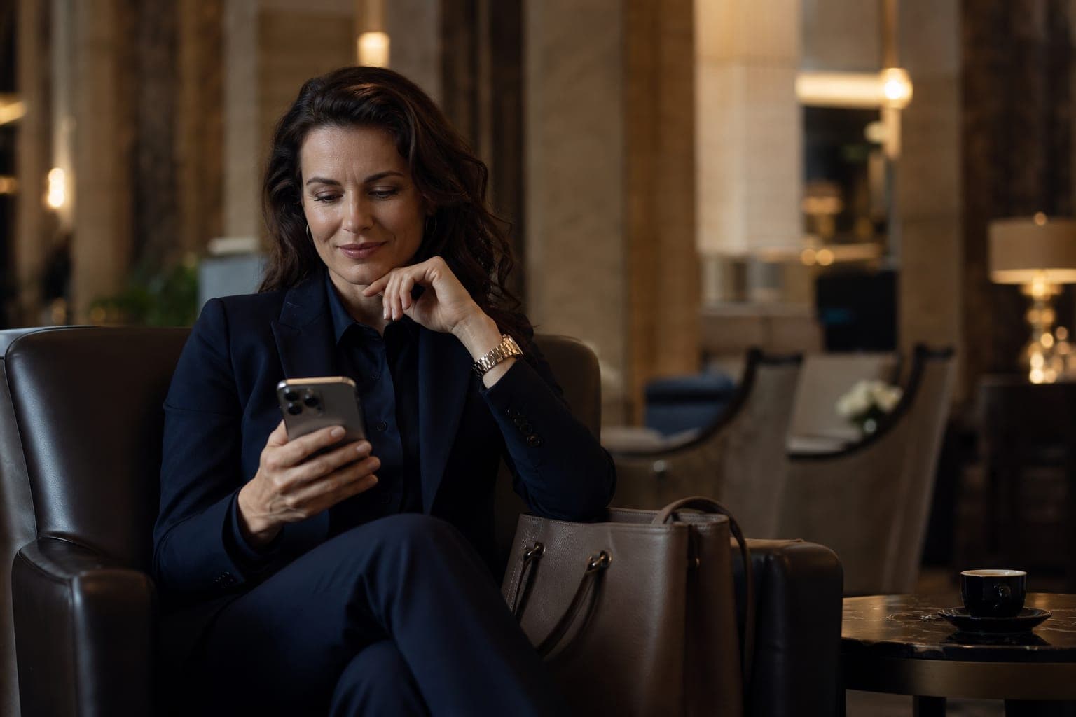 A Nephrologist reading new research on a phone in an armchair in a marble hotel lobby lounge