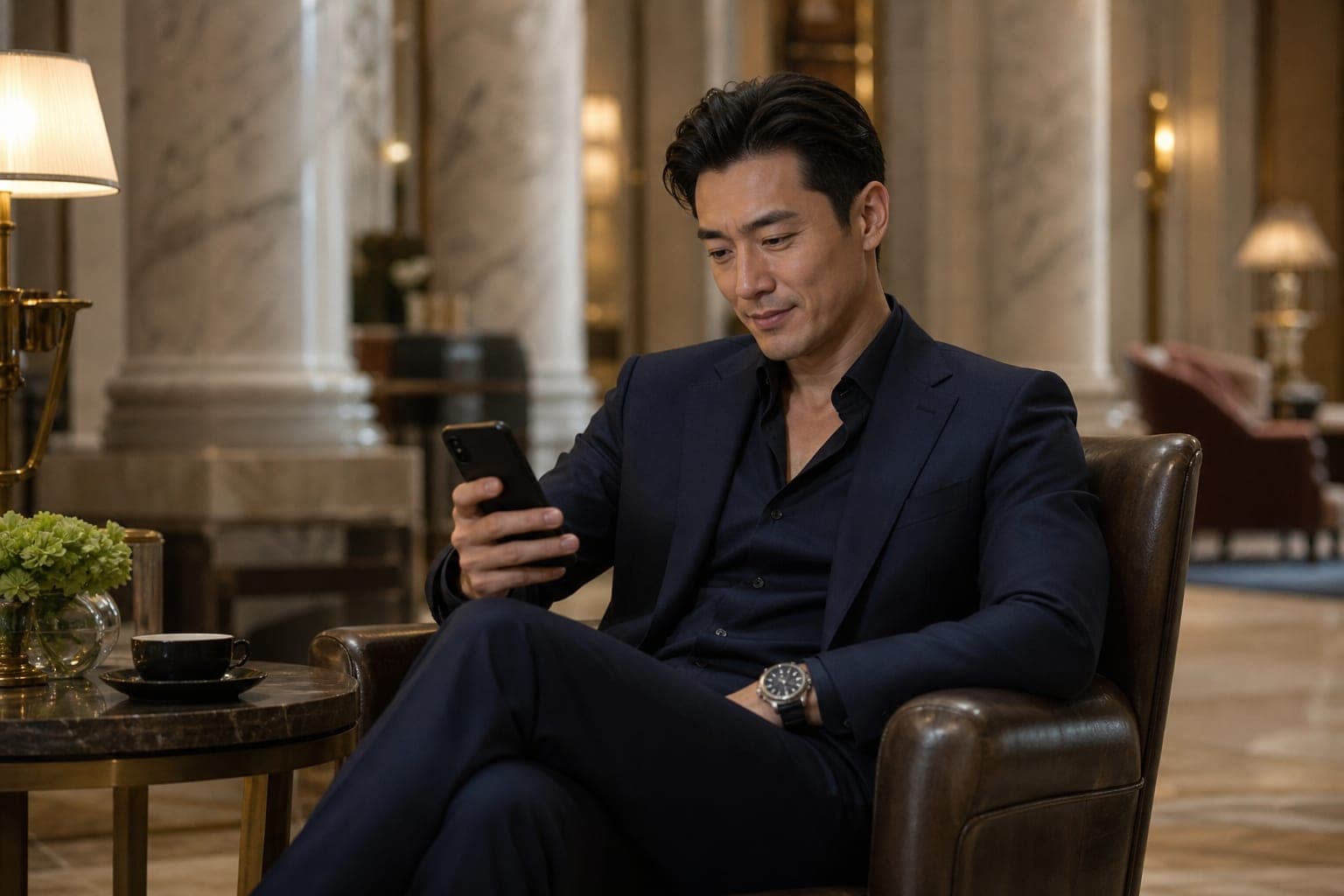 An Oncologist scanning the day's papers on a phone in an armchair in a marble hotel lobby lounge