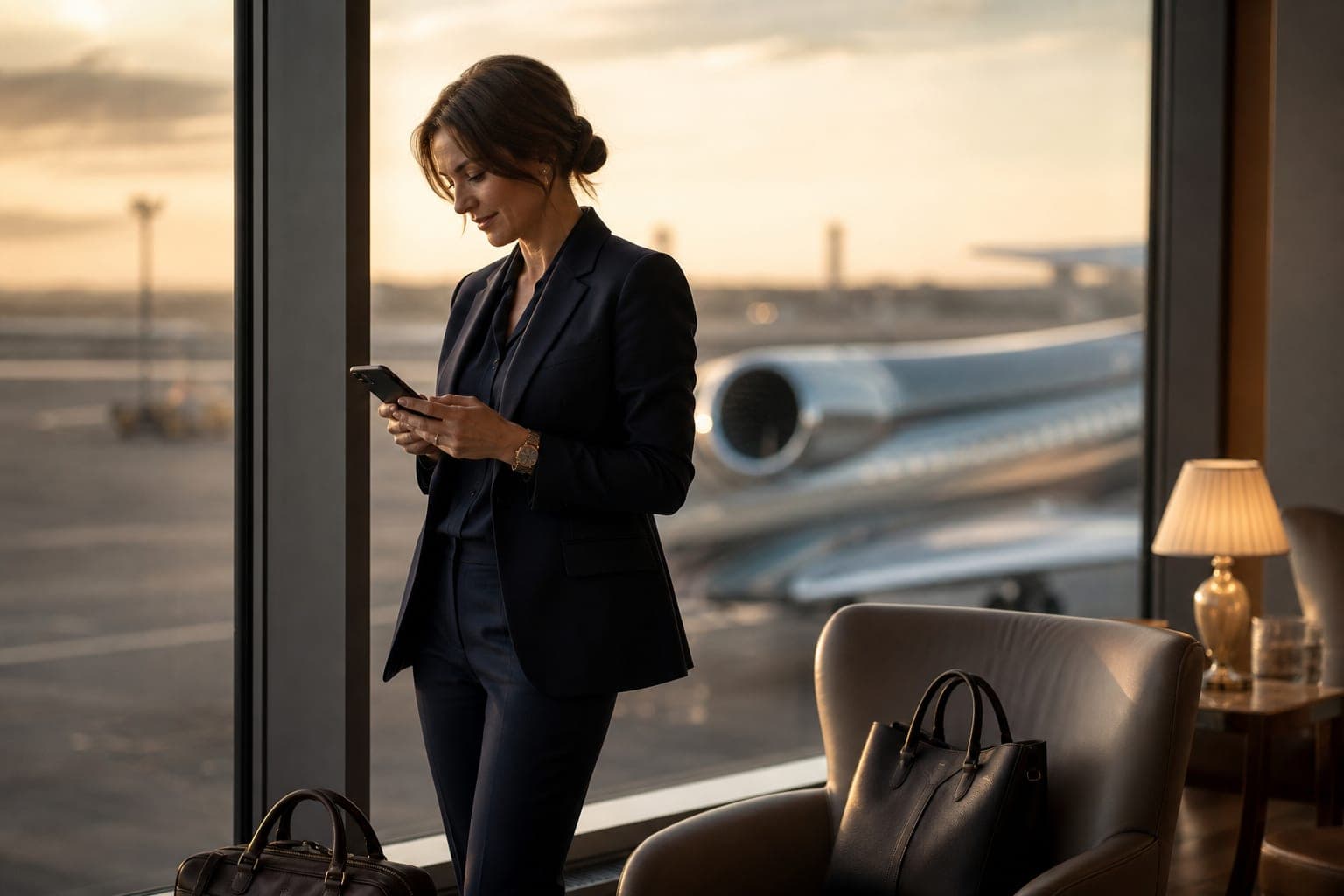 An Ophthalmologist catching up on journal articles on a phone by the window of an airport first class lounge