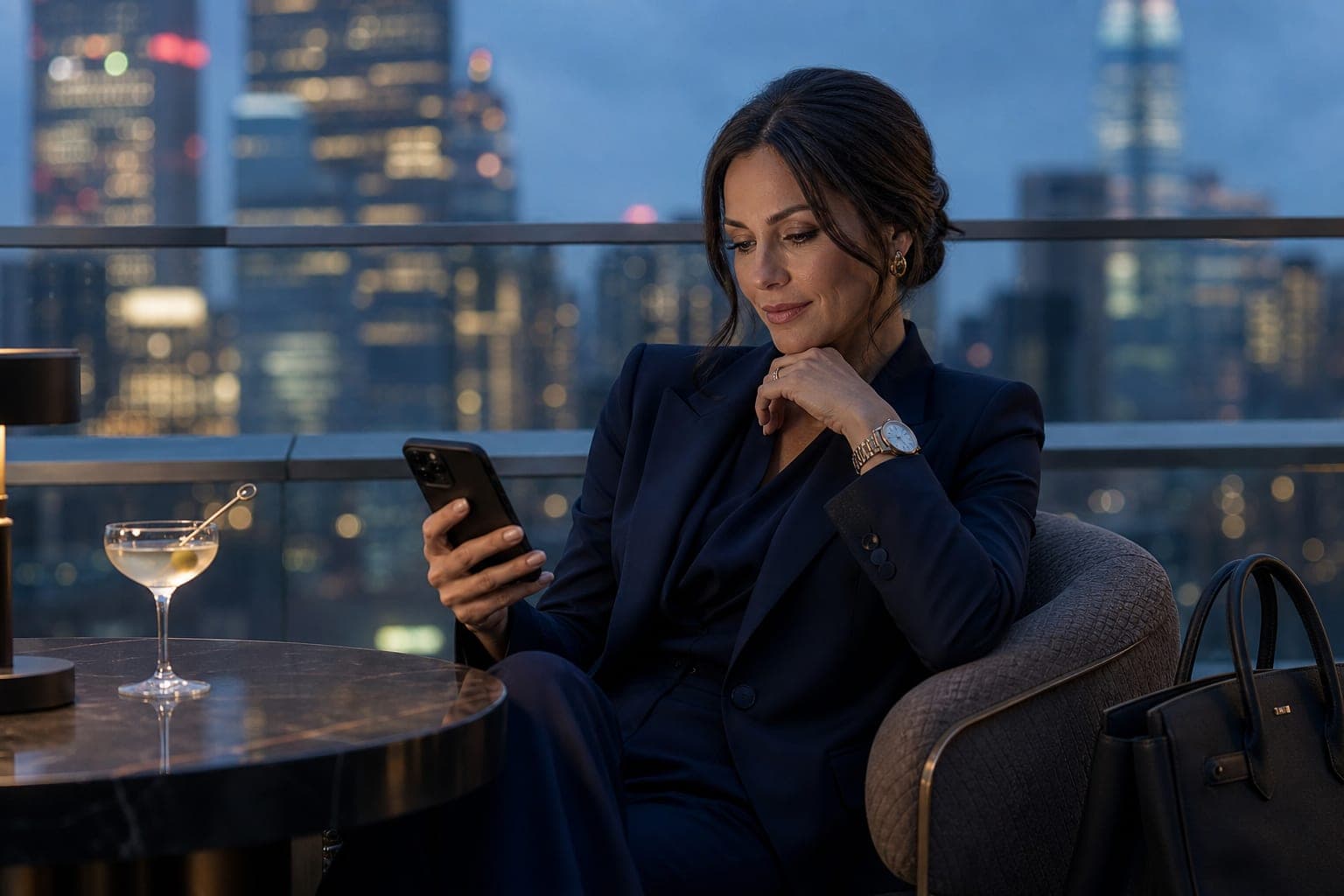 A Pathologist scanning the day's papers on a phone at a rooftop bar above the financial district at blue hour