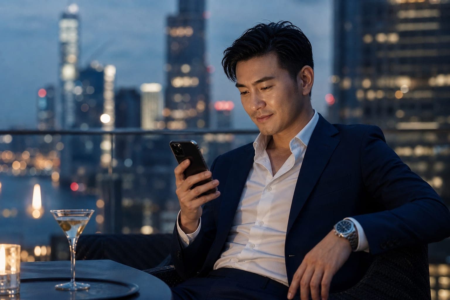 A Physiatrist catching up on journal articles on a phone at a rooftop bar above the financial district at blue hour
