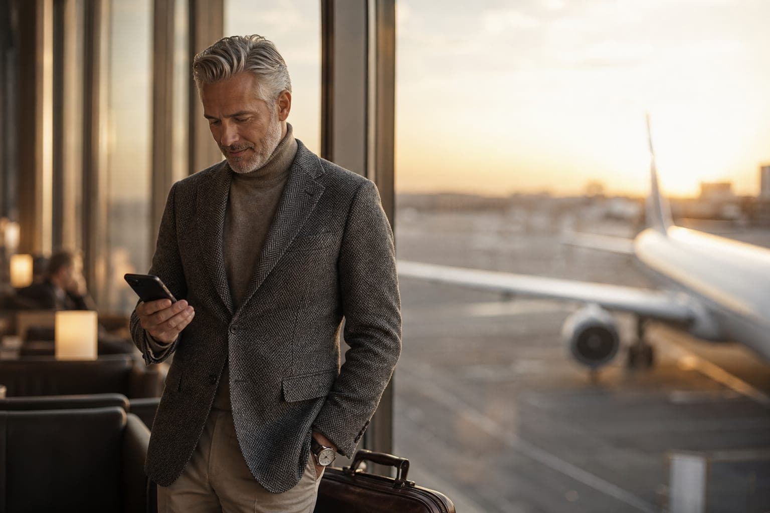 A Physiologist reading new research on a phone by the window of an airport first class lounge