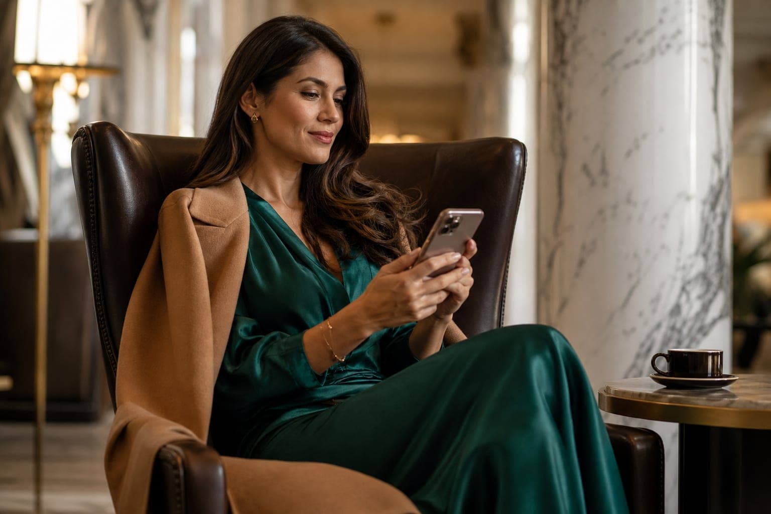 A Psychiatrist catching up on journal articles on a phone in an armchair in a marble hotel lobby lounge
