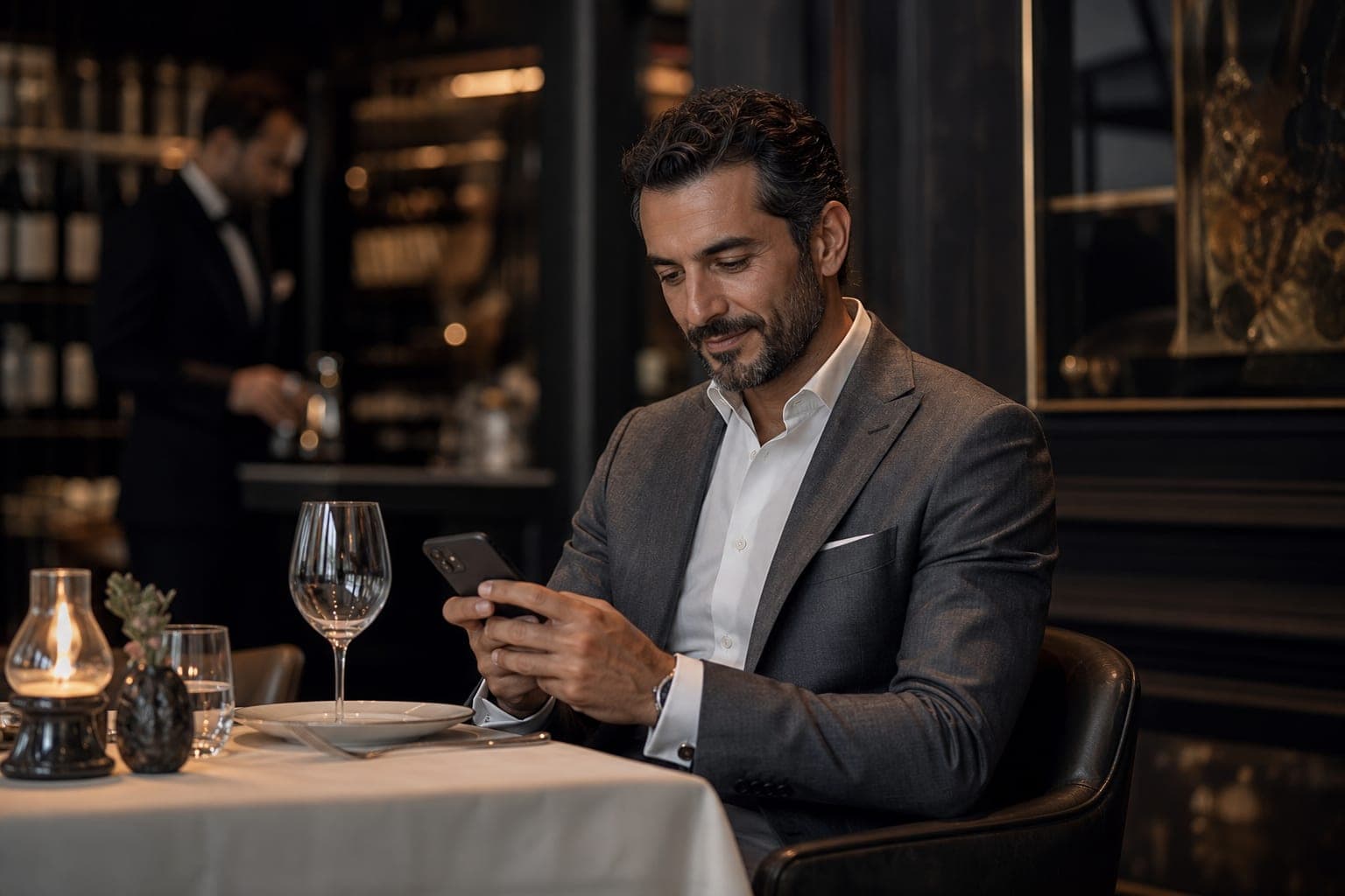 A Public Health Physician catching up on journal articles on a phone alone at a corner table in a fine dining restaurant