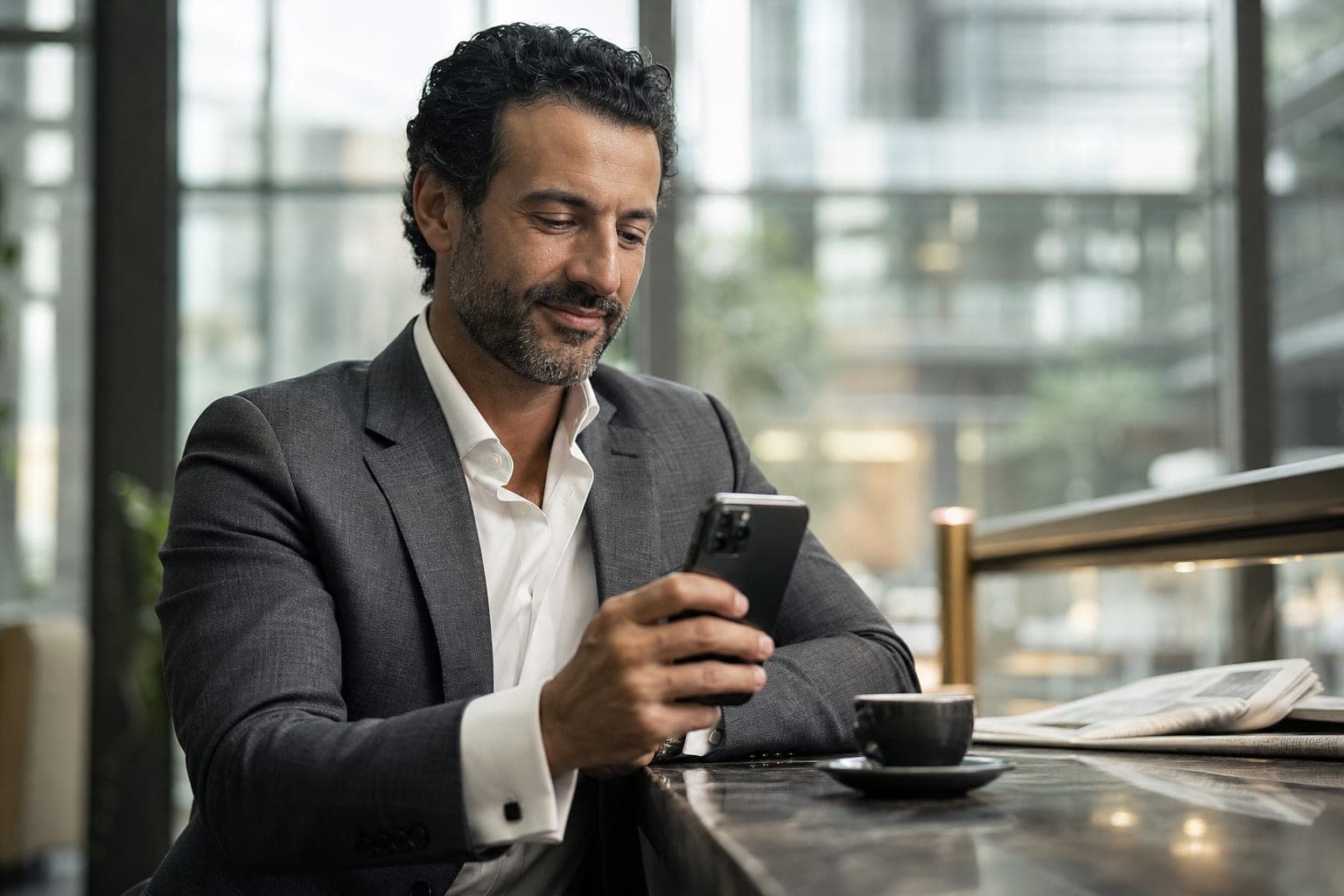 A Pulmonologist catching up on journal articles on a phone at an espresso bar inside a glass atrium