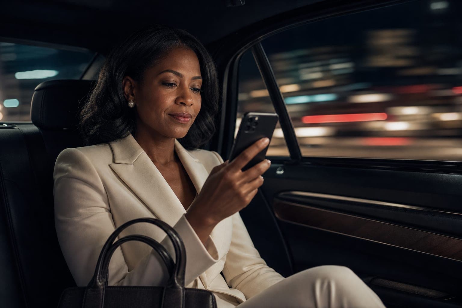 A Radiologist catching up on journal articles on a phone in the back seat of a chauffeured car