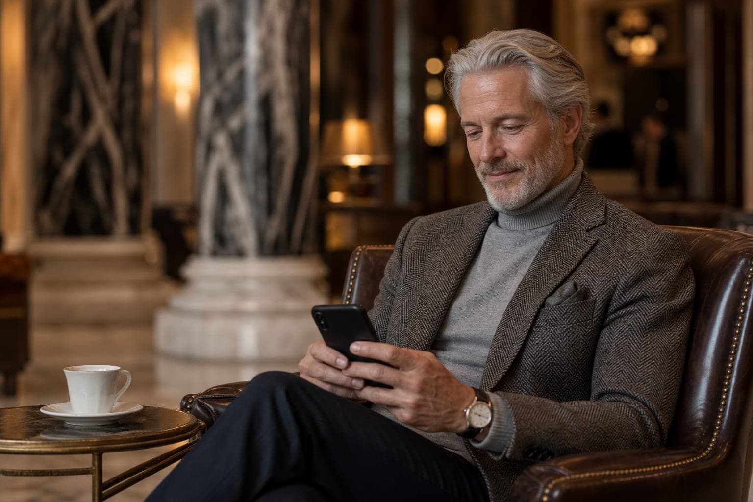 A Reproductive Medicine Specialist scanning the day's papers on a phone in an armchair in a marble hotel lobby lounge