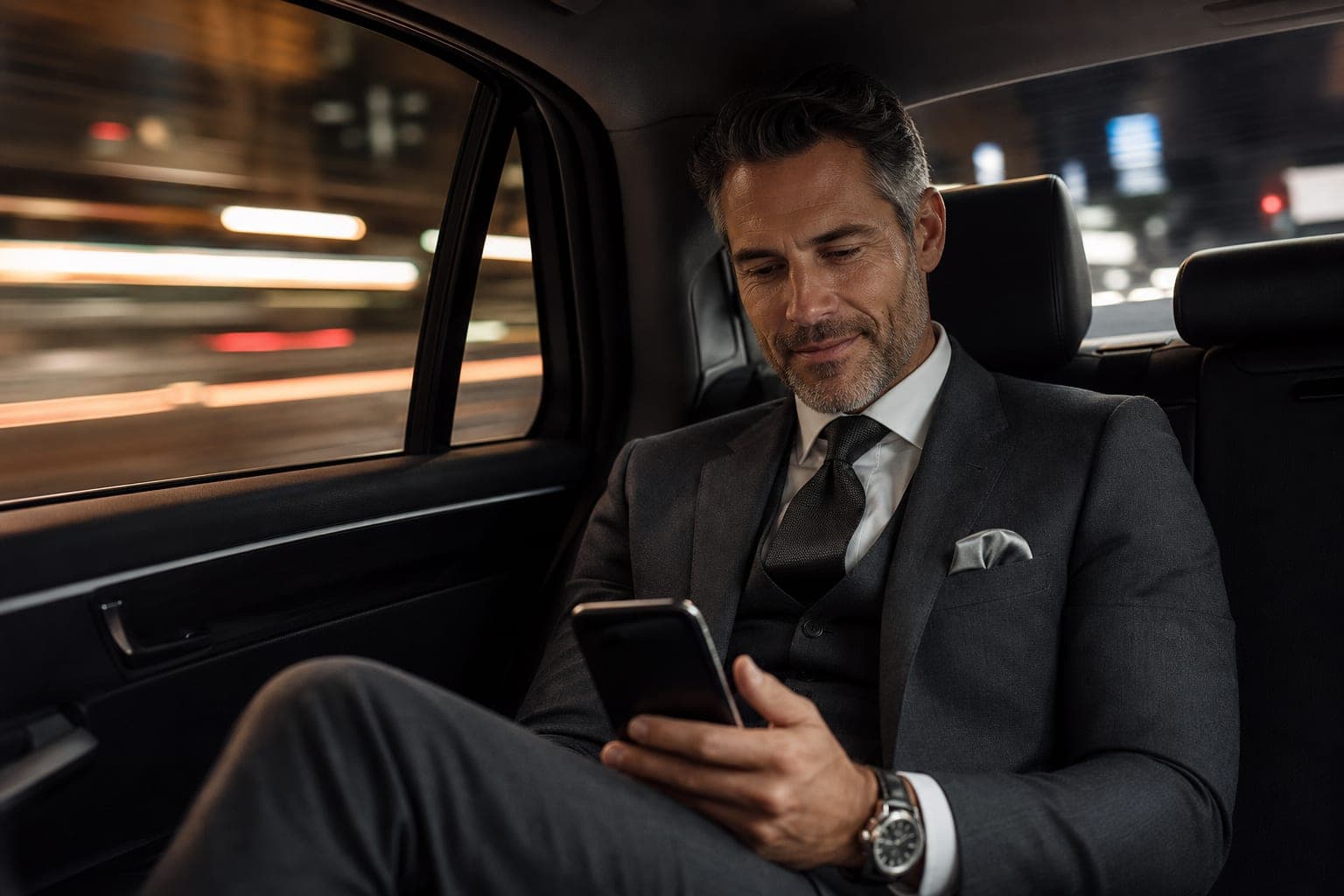 A Rheumatologist scanning the day's papers on a phone in the back seat of a chauffeured car