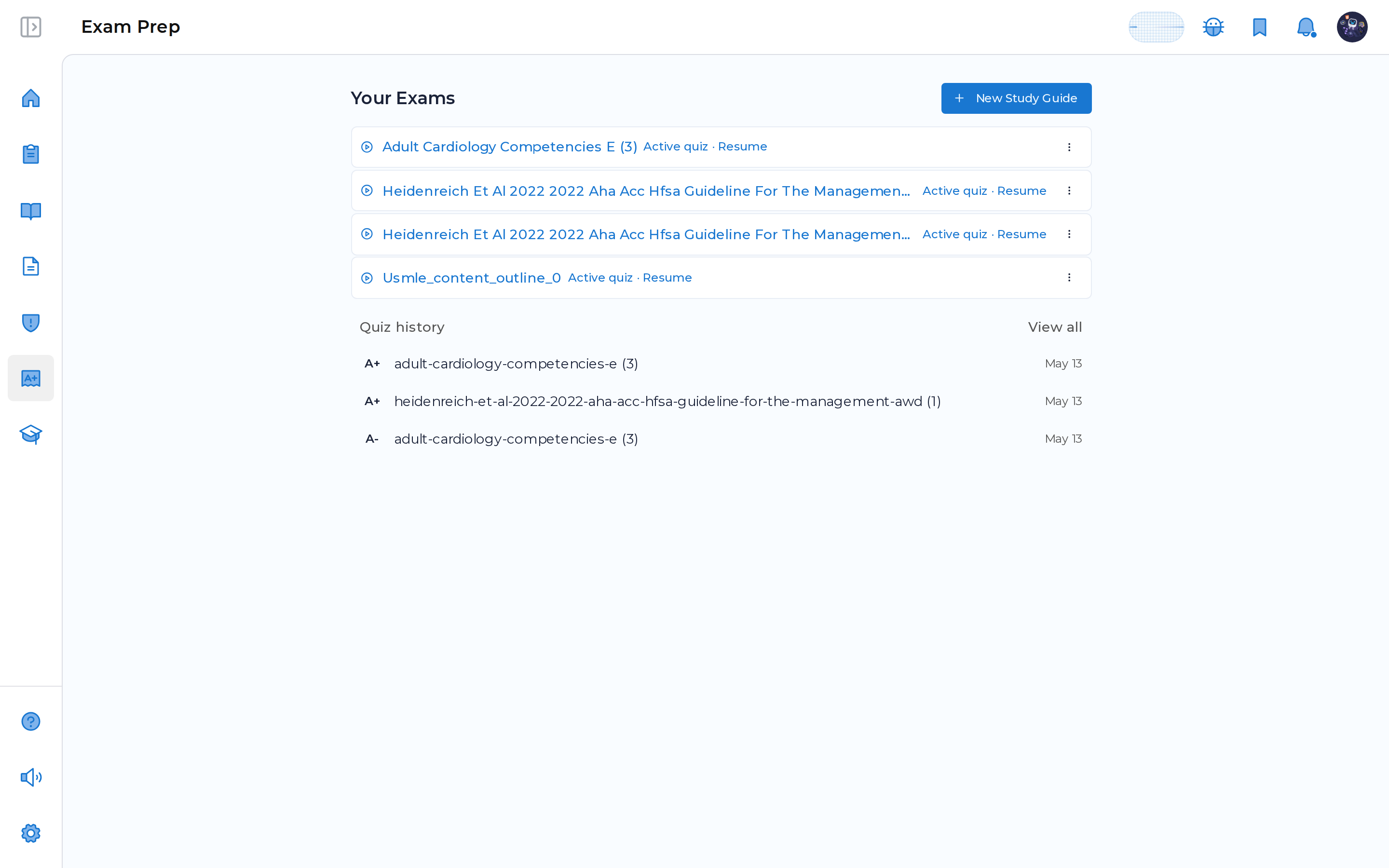 The Exam Prep page showing in progress study guides you can resume