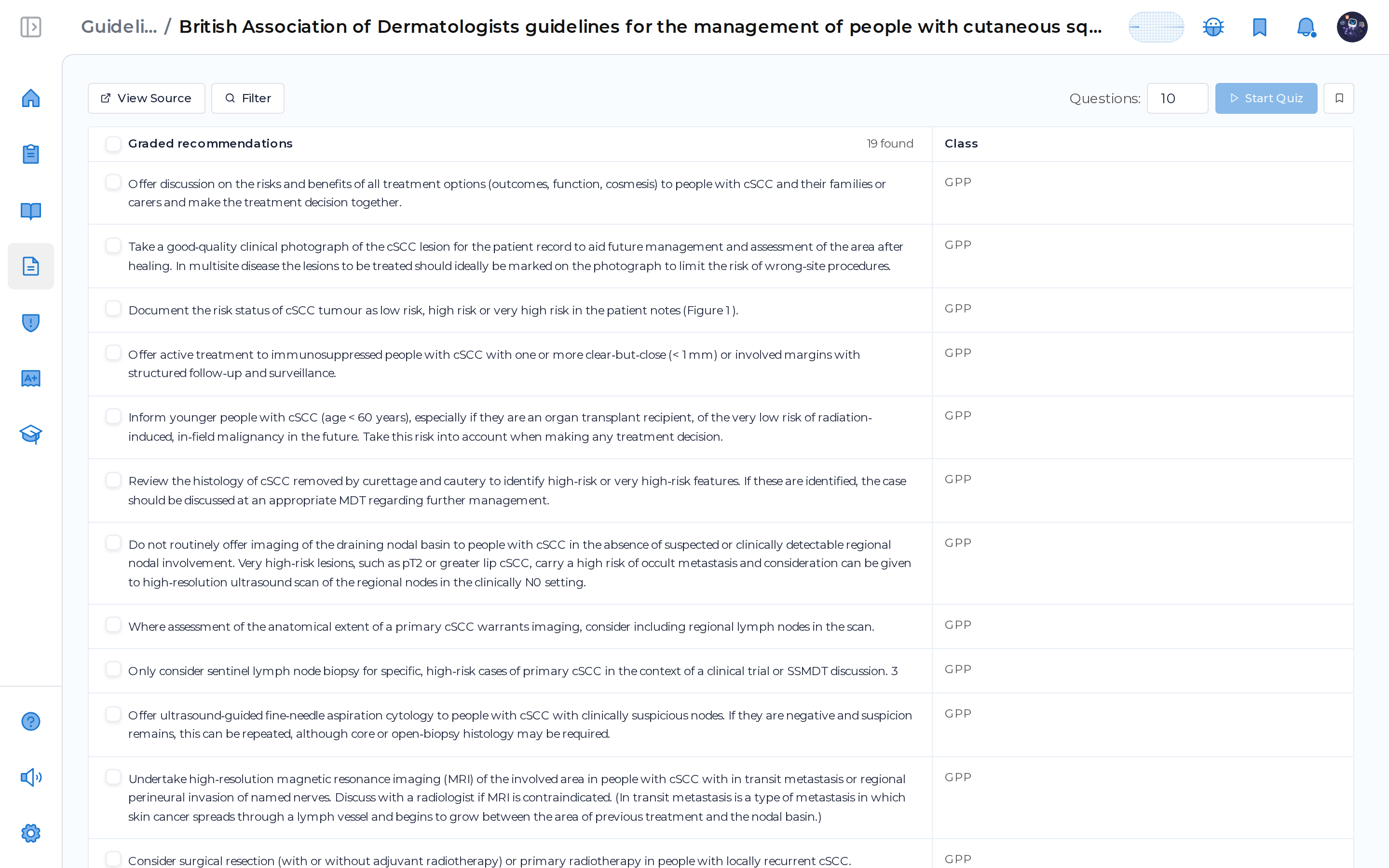 Extracted, graded recommendations from a society guideline, ready to read or quiz